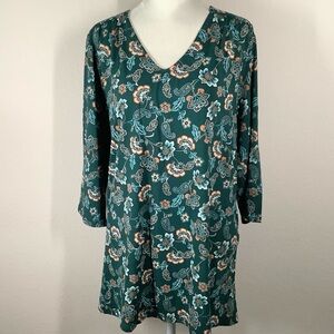 J JILL Wearever Jersey Knit Tunic Dark Green Floral Top 3/4 Sleeve Travel Work L